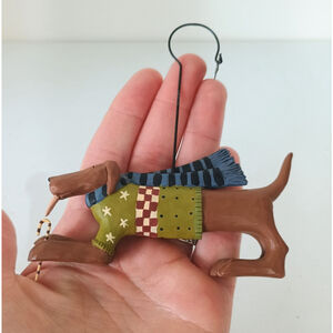 Vintage Williraye Studio Set Folk Art Dog W/ Candy Cane Christmas Ornament